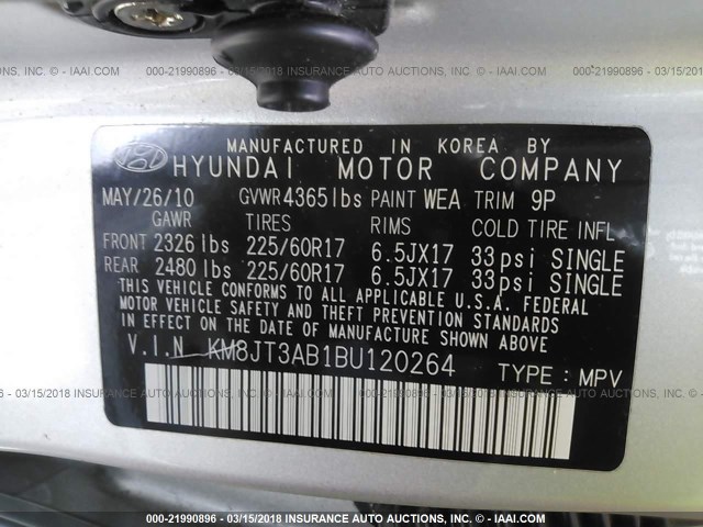 KM8JT3AB1BU120264 - 2011 HYUNDAI TUCSON GL/GLS SILVER photo 9