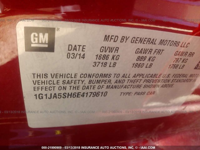 1G1JA5SH6E4179610 - 2014 CHEVROLET SONIC LS 红色 照片 9