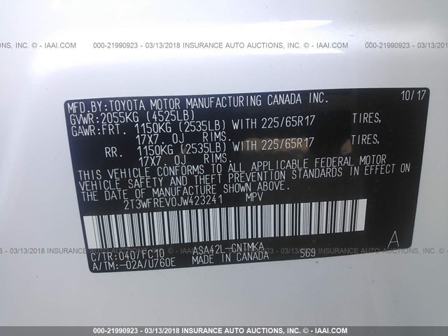 2T3WFREV0JW423241 - 2018 TOYOTA RAV4 ADVENTURE/XLE 白色 照片 9