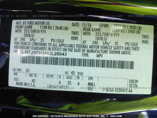 5LMTJ3DH3HUL28943 - 2017 LINCOLN MKC RESERVE Negro foto 9