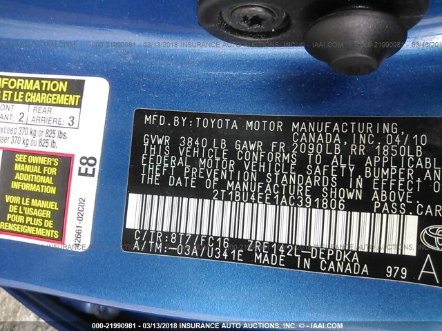 2T1BU4EE1AC391806 - 2010 TOYOTA COROLLA S/LE/XLE BLUE photo 9