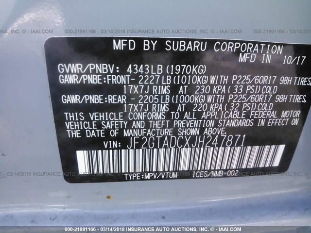 JF2GTADCXJH247871 - 2018 SUBARU CROSSTREK PREMIUM Ашық көк фото 9