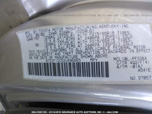 4T3ZF13C52U496865 - 2002 TOYOTA SIENNA LE/XLE Pewter photo 9