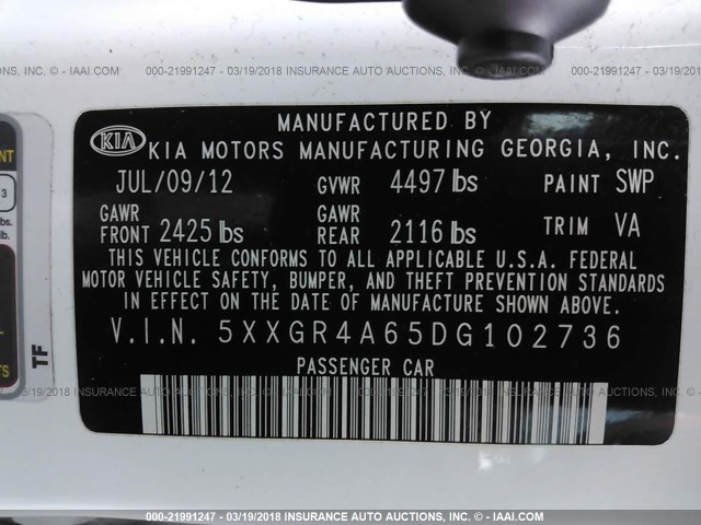 5XXGR4A65DG102736 - 2013 KIA OPTIMA SX WHITE photo 9