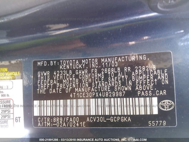 4T1CE30PX4U829987 - 2004 TOYOTA CAMRY SOLARA SE/SLE მუქი ლურჯი ფოტო 9