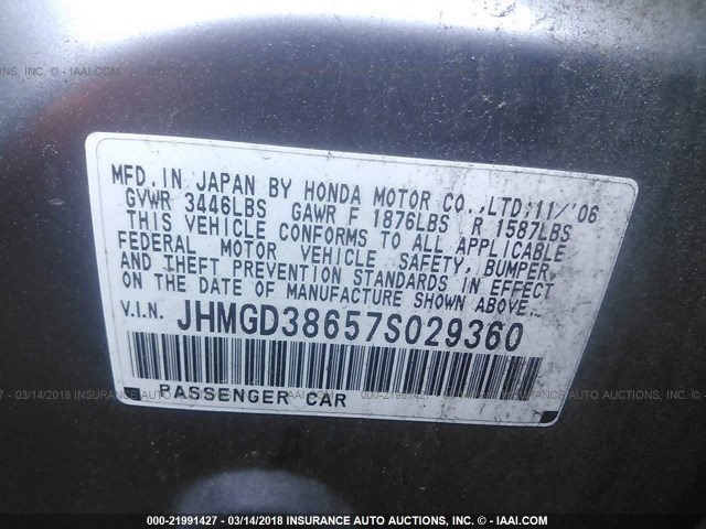 JHMGD38657S029360 - 2007 HONDA FIT S 灰色 照片 9