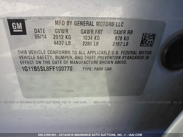 1G11B5SL8FF100770 - 2015 CHEVROLET MALIBU LS Gümüş foto 9