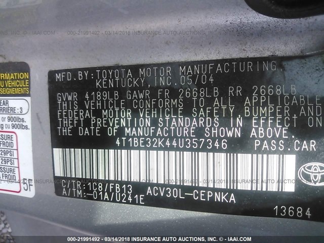 4T1BE32K44U357346 - 2004 TOYOTA CAMRY LE/XLE/SE SILVER photo 9