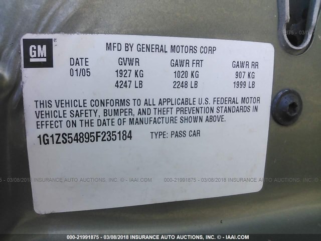 1G1ZS54895F235184 - 2005 CHEVROLET MALIBU GREEN photo 9