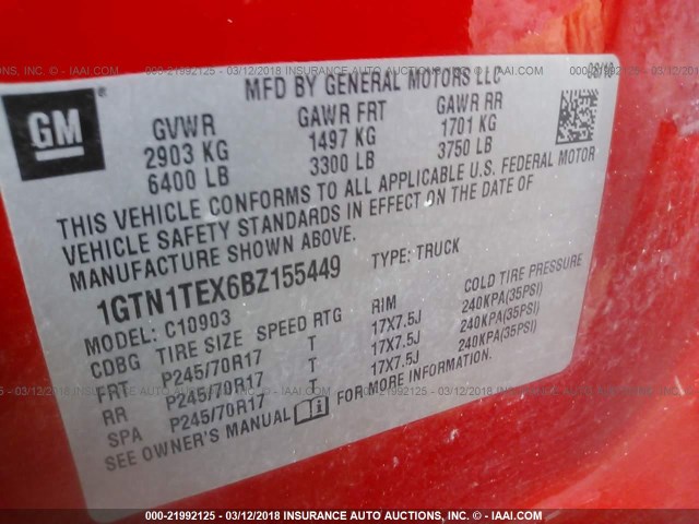 1GTN1TEX6BZ155449 - 2011 GMC SIERRA C1500 RED photo 9