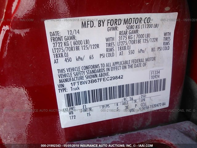 1FT8W3B67FEC29842 - 2015 FORD F350 SUPER DUTY RED photo 10