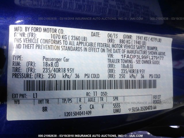 1FADP3L99FL279177 - 2015 FORD FOCUS ST BLUE photo 9