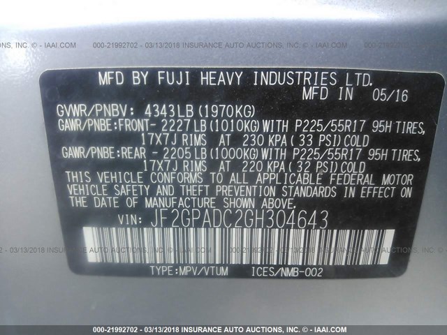 JF2GPADC2GH304643 - 2016 SUBARU CROSSTREK PREMIUM Gümüş foto 9