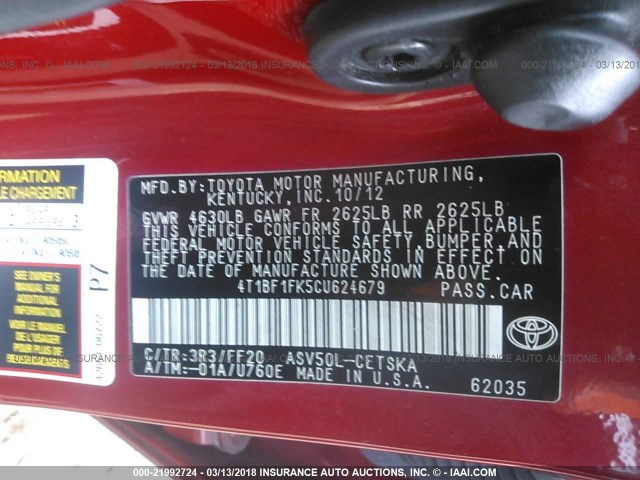 4T1BF1FK5CU624679 - 2012 TOYOTA CAMRY SE/LE/XLE RED photo 9