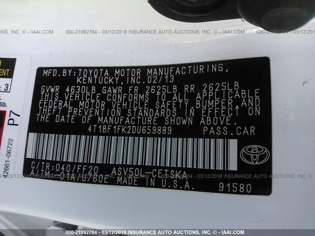 4T1BF1FK2DU659889 - 2013 TOYOTA CAMRY L/SE/LE/XLE WHITE photo 9