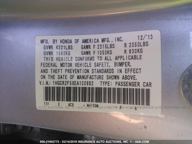 1HGCR2F5XEA100692 - 2014 HONDA ACCORD SPORT 银色 照片 9