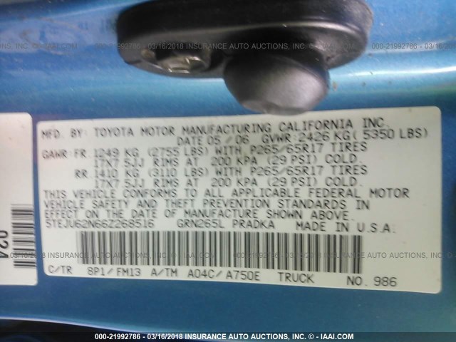 5TEJU62N66Z268516 - 2006 TOYOTA TACOMA DOUBLE CAB PRERUNNER BLUE photo 9