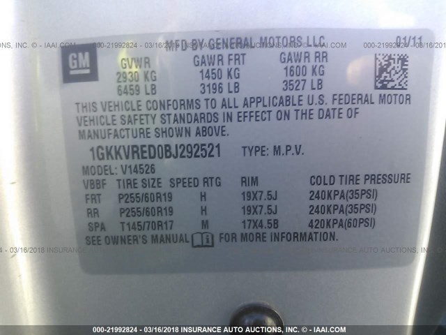 1GKKVRED0BJ292521 - 2011 GMC ACADIA SLT-1 SILVER photo 9