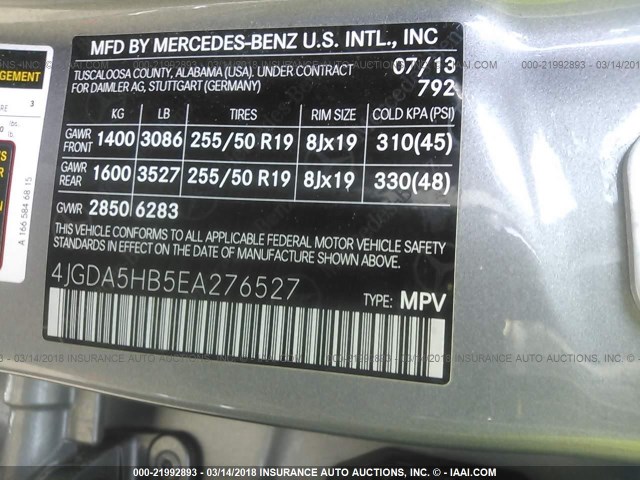 4JGDA5HB5EA276527 - 2014 MERCEDES-BENZ ML 350 4MATIC SILVER photo 9