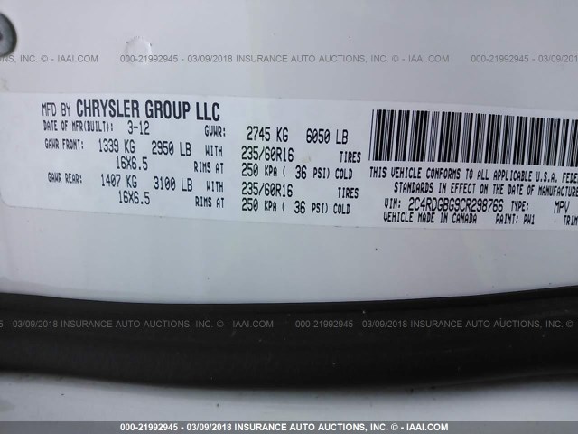 2C4RDGBG9CR298766 - 2012 DODGE GRAND CARAVAN SE WHITE photo 9