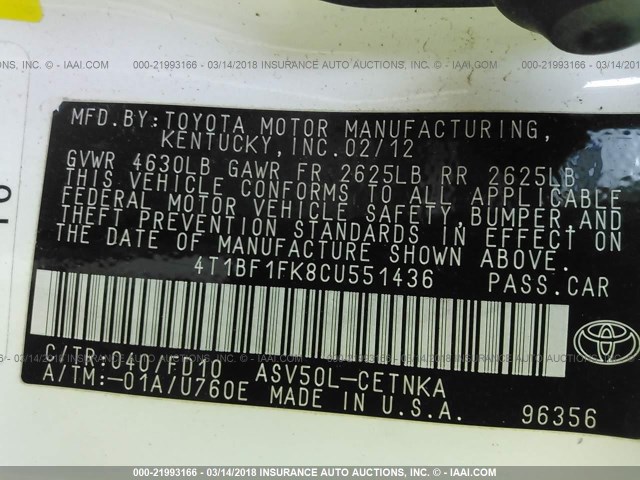 4T1BF1FK8CU551436 - 2012 TOYOTA CAMRY SE/LE/XLE WHITE photo 9