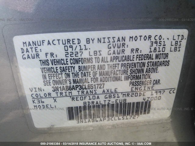 3N1AB6AP3CL651727 - 2012 NISSAN SENTRA 2.0/2.0S/SR/2.0SL GOLD photo 9