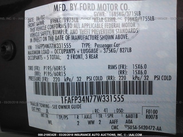 1FAFP34N77W331555 - 2007 FORD FOCUS ZX4/S/SE/SES 红色 照片 9