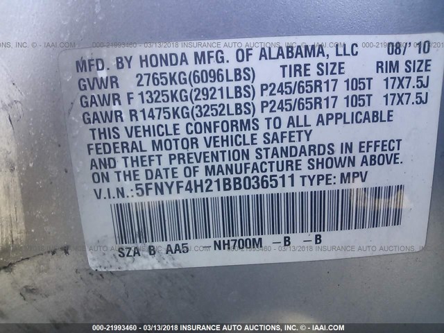 5FNYF4H21BB036511 - 2011 HONDA PILOT LX SILVER photo 9