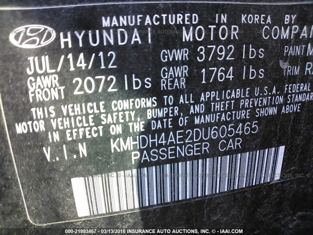 KMHDH4AE2DU605465 - 2013 HYUNDAI ELANTRA GLS/LIMITED BLACK photo 9