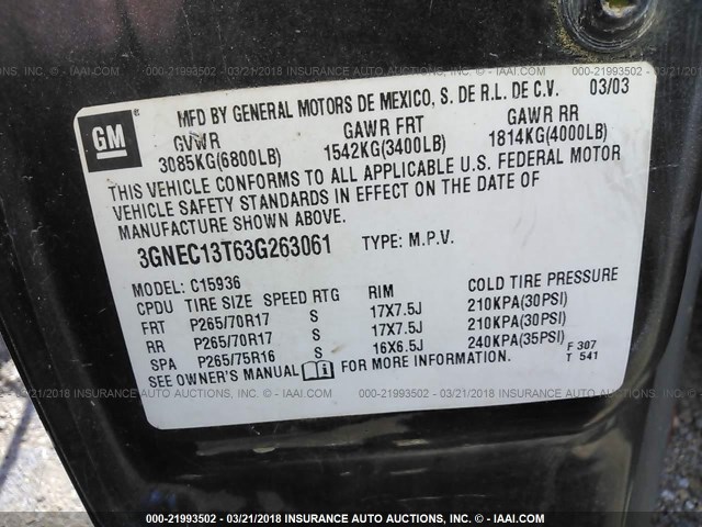 3GNEC13T63G263061 - 2003 CHEVROLET AVALANCHE C1500 GRAY photo 9