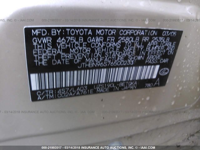 JTHBN96S765002331 - 2006 LEXUS GS GENERATION 200 430 GOLD photo 9