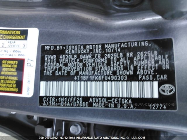 4T1BF1FK6FU490303 - 2015 TOYOTA CAMRY LE/XLE/SE/XSE BLACK photo 9