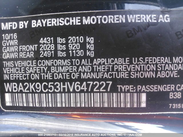 WBA2K9C53HV647227 - 2017 BMW 230I Dark Blue photo 9