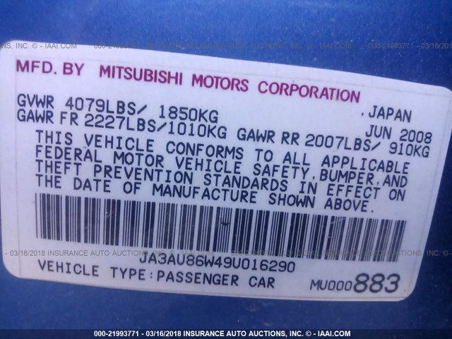 JA3AU86W49U016290 - 2009 MITSUBISHI LANCER GTS BLUE photo 9