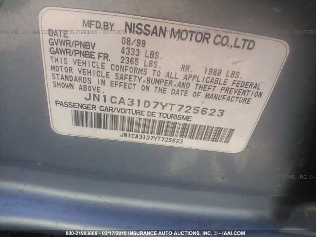 JN1CA31D7YT725623 - 2000 NISSAN MAXIMA GLE/GXE/SE Light Blue photo 9