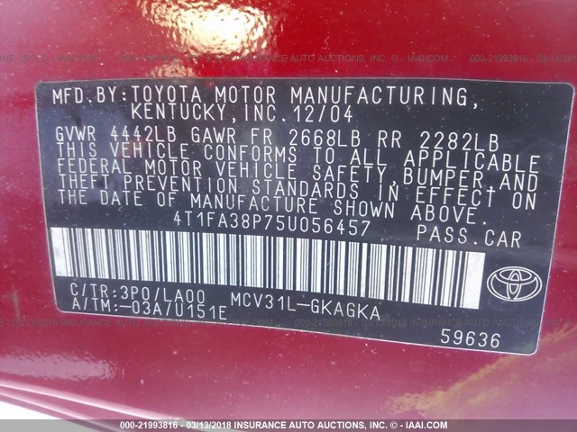 4T1FA38P75U056457 - 2005 TOYOTA CAMRY SOLARA SE/SLE წითელი ფოტო 9