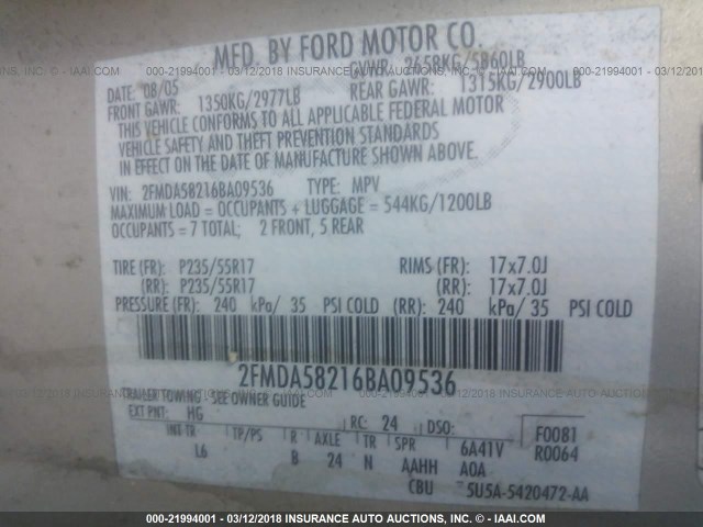 2FMDA58216BA09536 - 2006 FORD FREESTAR LIMITED GOLD photo 9