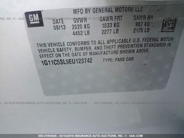 1G11C5SL9EU123742 - 2014 CHEVROLET MALIBU 1LT 银色 照片 9