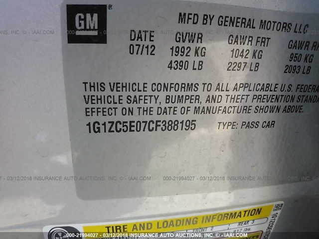 1G1ZC5E07CF388195 - 2012 CHEVROLET MALIBU 1LT 银色 照片 9