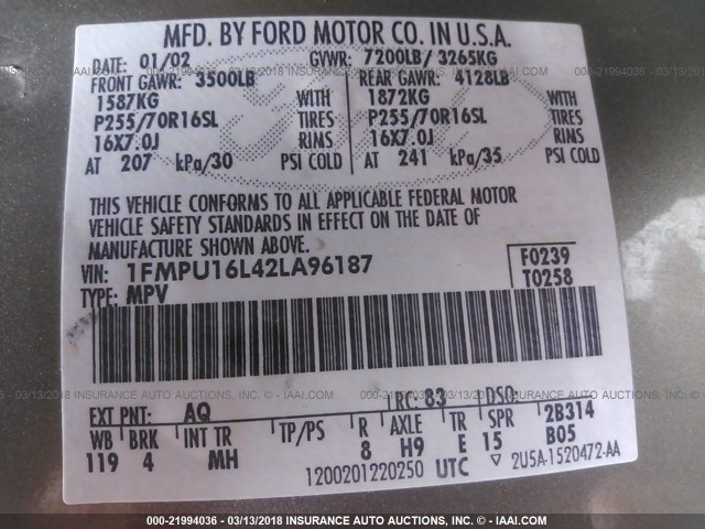 1FMPU16L42LA96187 - 2002 FORD EXPEDITION XLT 金色 照片 9