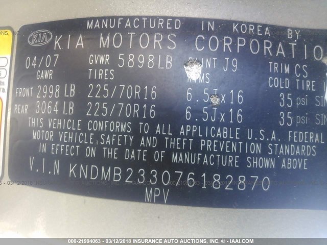 KNDMB233076182870 - 2007 KIA SEDONA EX/LX GOLD photo 9