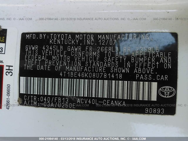 4T1BE46K08U781418 - 2008 TOYOTA CAMRY CE/LE/XLE/SE WHITE photo 9