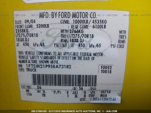 1FTSW21P95EA73182 - 2005 FORD F250 SUPER DUTY YELLOW photo 9