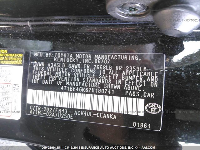 4T1BE46K67U180741 - 2007 TOYOTA CAMRY NEW GENERAT CE/LE/XLE/SE BLACK photo 9