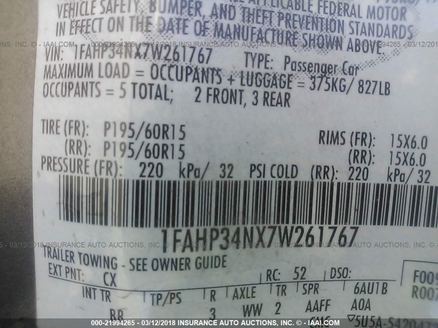 1FAHP34NX7W261767 - 2007 FORD FOCUS ZX4/S/SE/SES 灰色 照片 9