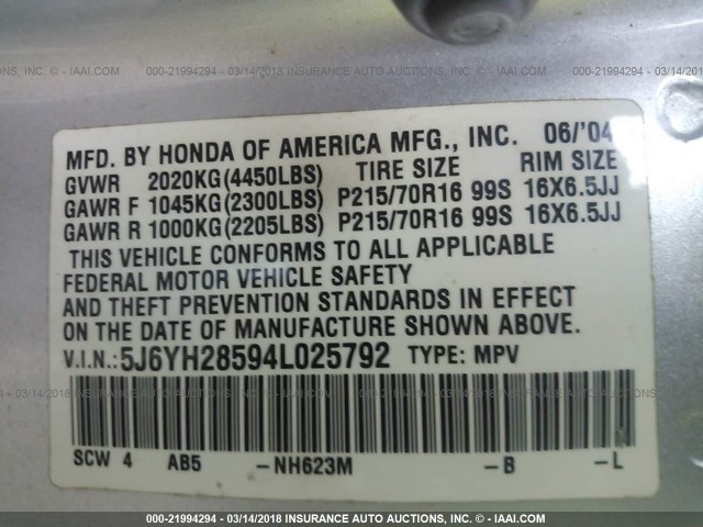 5J6YH28594L025792 - 2004 HONDA ELEMENT EX SILVER photo 9