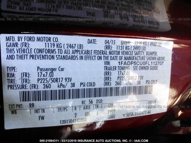 1FADP5CU0FL112707 - 2015 FORD C-MAX PREMIUM SEL RED photo 9