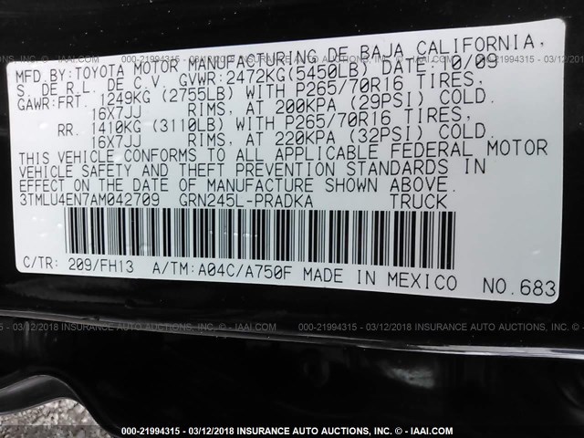 3TMLU4EN7AM042709 - 2010 TOYOTA TACOMA DOUBLE CAB შავი ფოტო 9