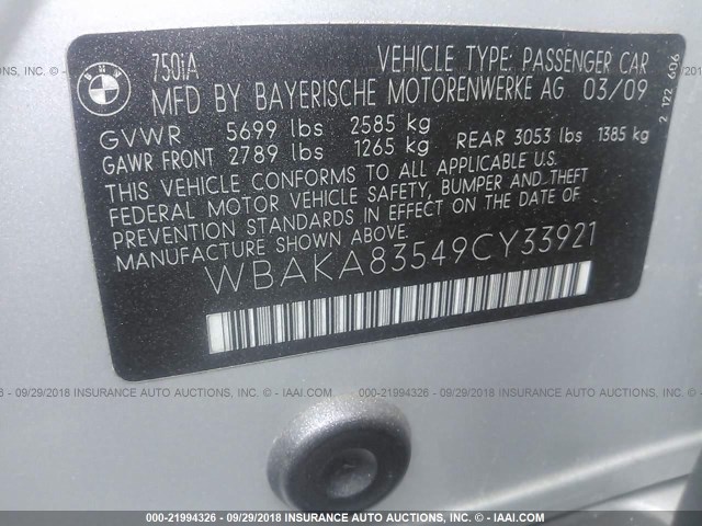 WBAKA83549CY33921 - 2009 BMW 750 I SILVER photo 9