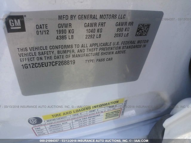 1G1ZC5EU7CF268819 - 2012 CHEVROLET MALIBU 1LT 白色 照片 9